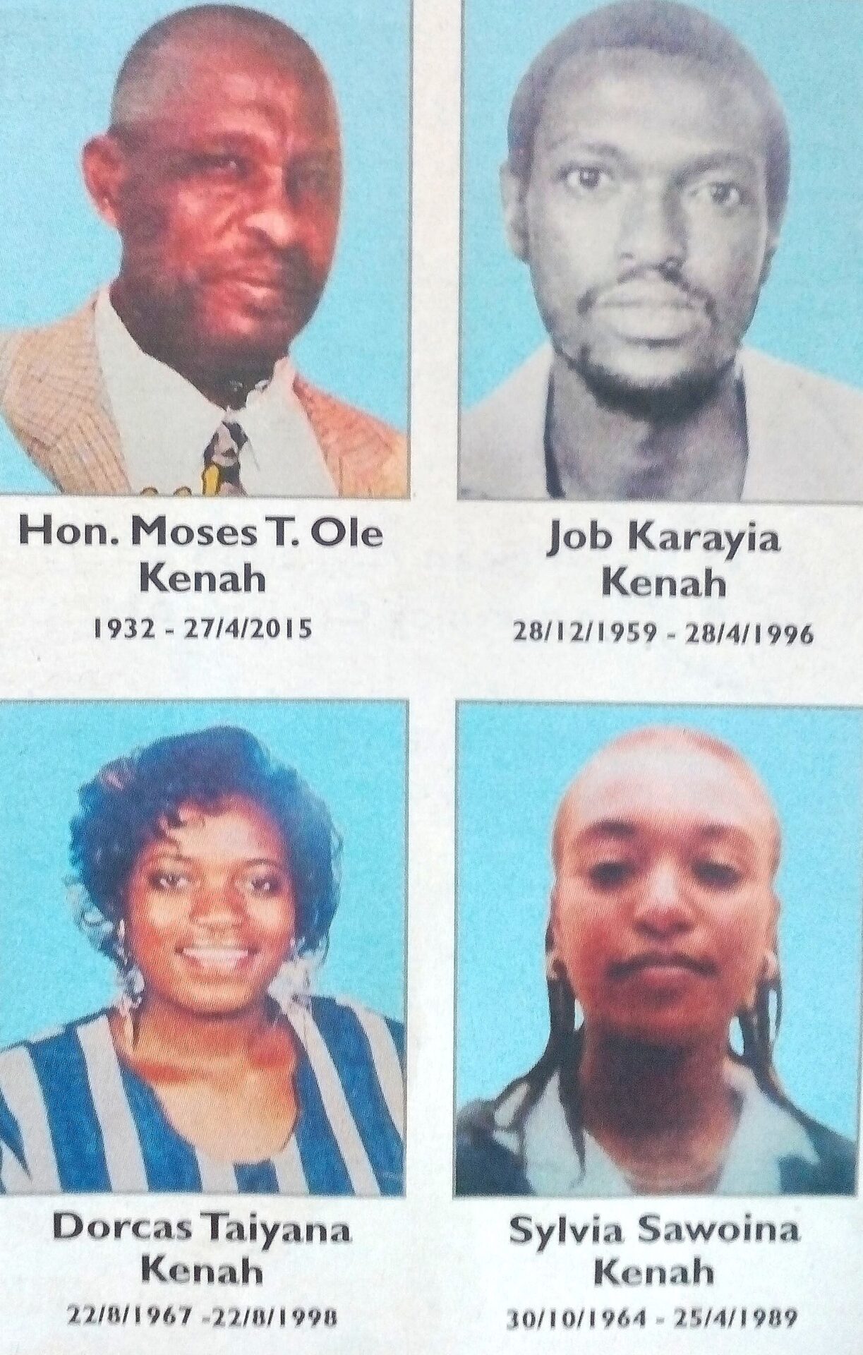 Obituary Image of Hon Moses Ole Kenah, Job, Dorcas and Sylvia